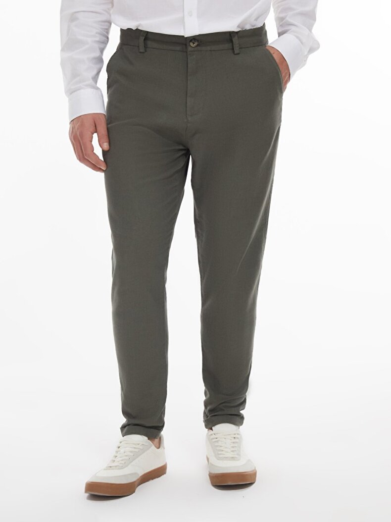 Düz Paça Keten Görünümlü Yeşil Pantolon