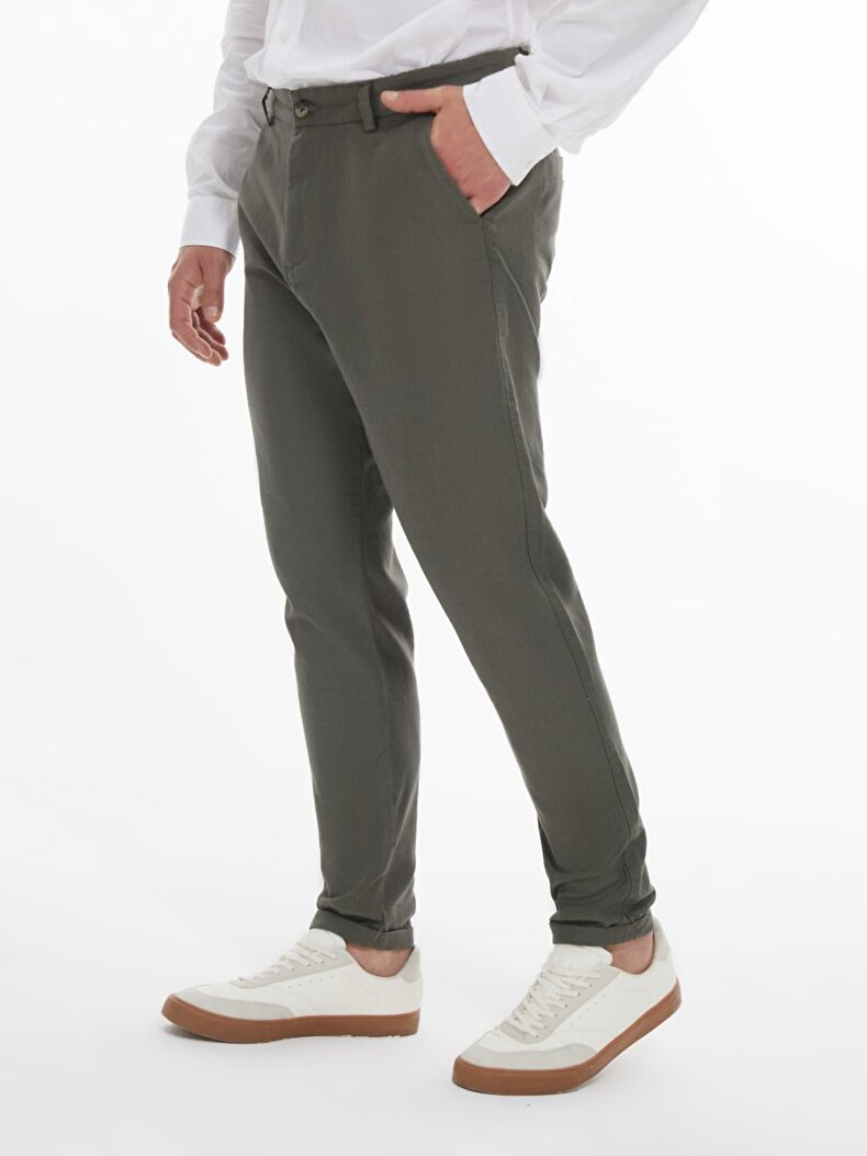 Düz Paça Keten Görünümlü Yeşil Pantolon