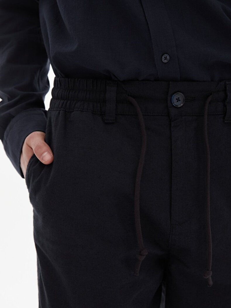 Düz Paça Keten Görünümlü Jogger Lacivert Pantolon