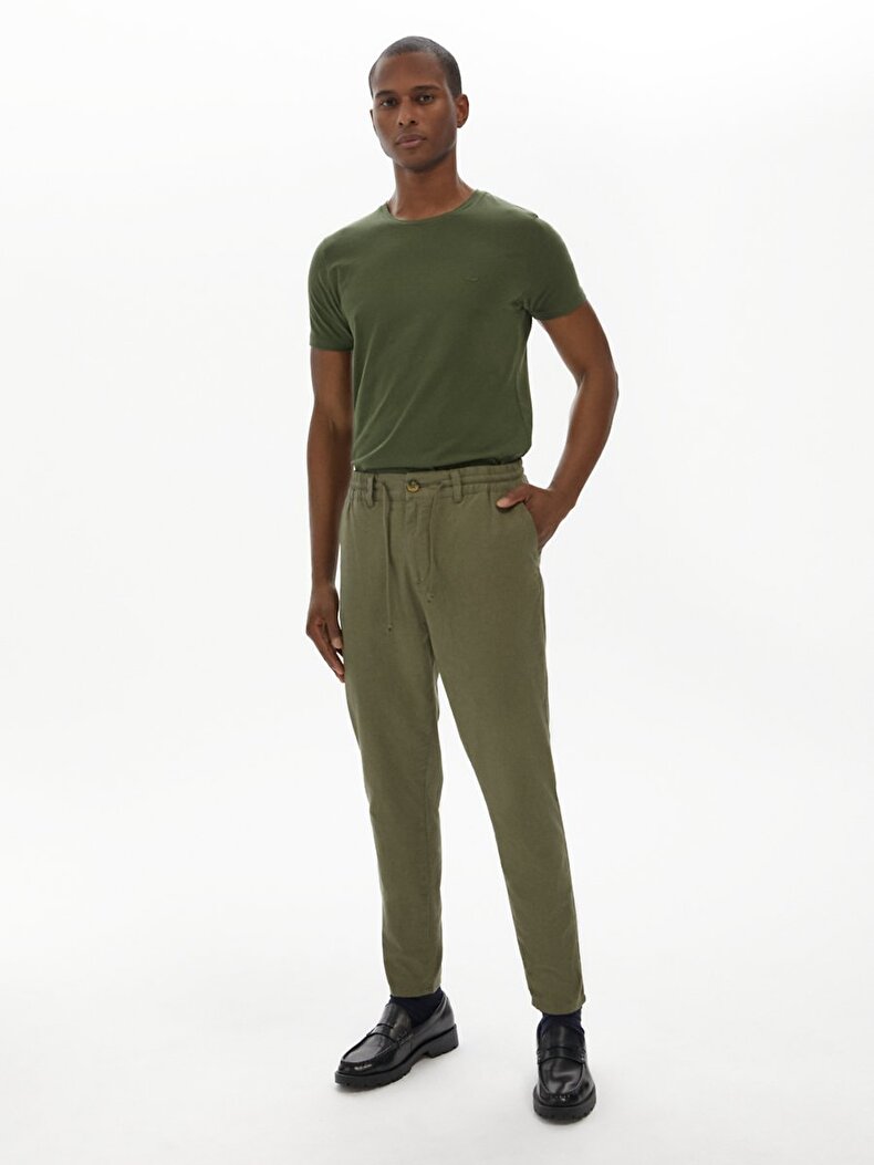 Düz Paça Keten Görünümlü Jogger Yeşil Pantolon