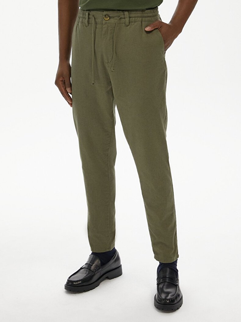 Düz Paça Keten Görünümlü Jogger Yeşil Pantolon
