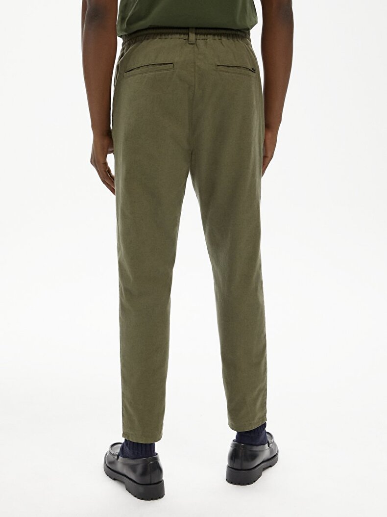 Düz Paça Keten Görünümlü Jogger Yeşil Pantolon