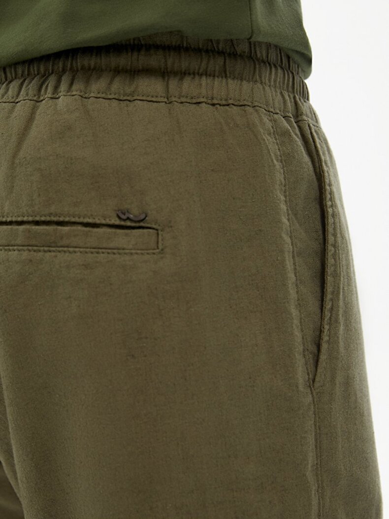 Düz Paça Keten Görünümlü Jogger Yeşil Pantolon
