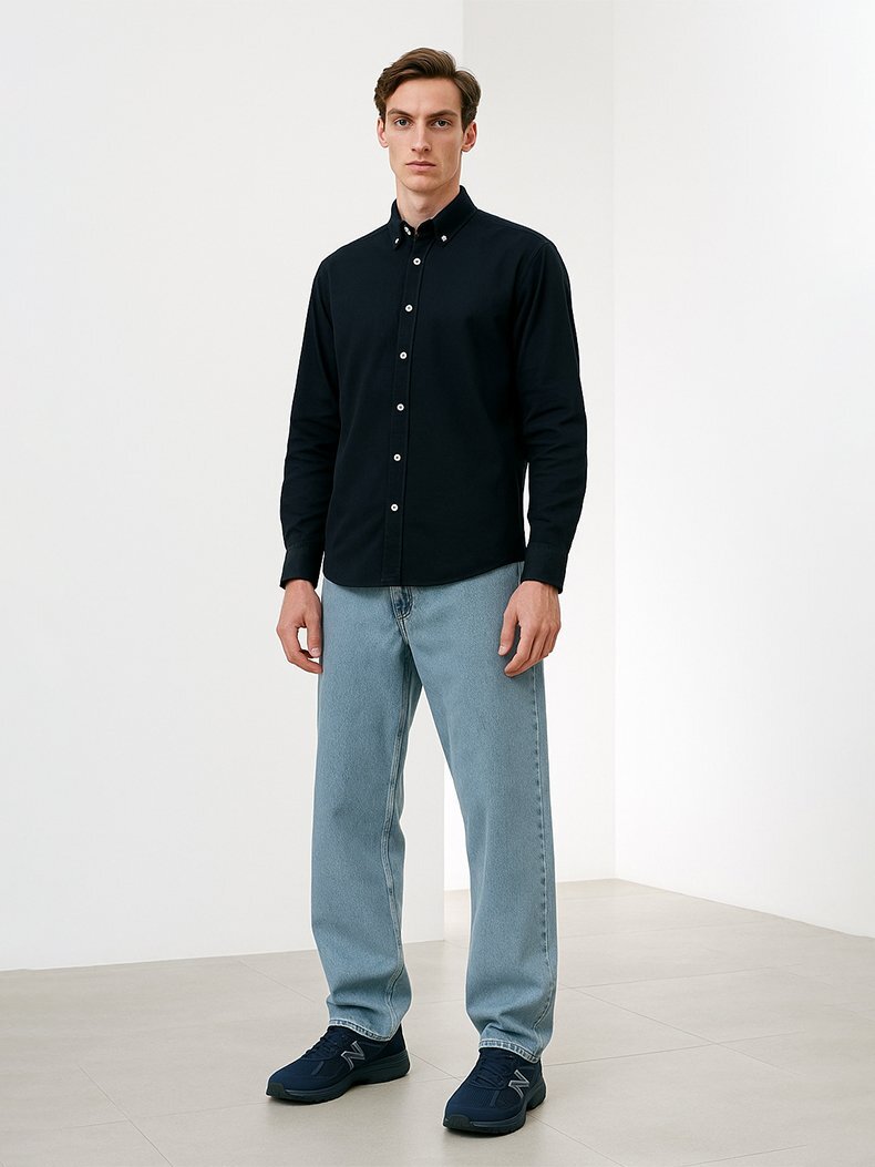 Basic Linen Look Regular Long Sleeve Navy Shirt