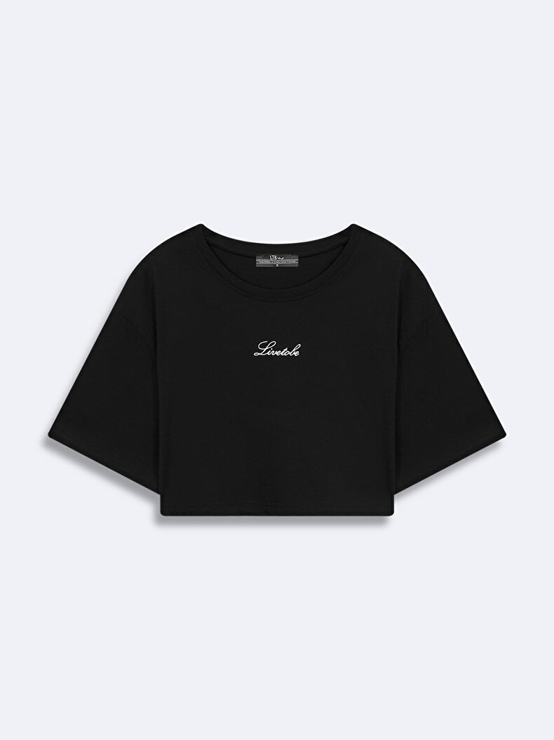 Short Sleeve Crew Neck Surface With Print Crop Black T-shirt