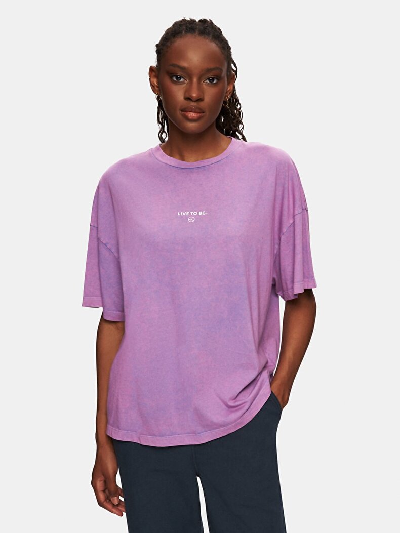 Relaxed Fit Sloganlı Mor T-shırt