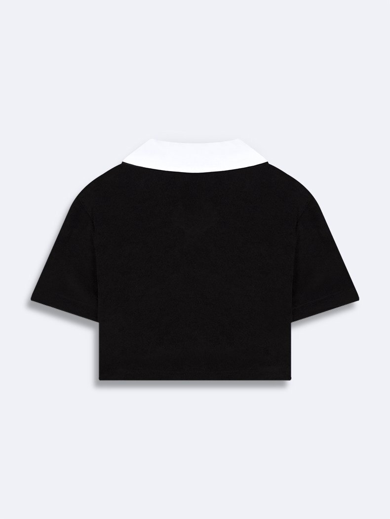 Havlu Kumaş Grafik Crop Kısa Kollu Siyah T-shırt