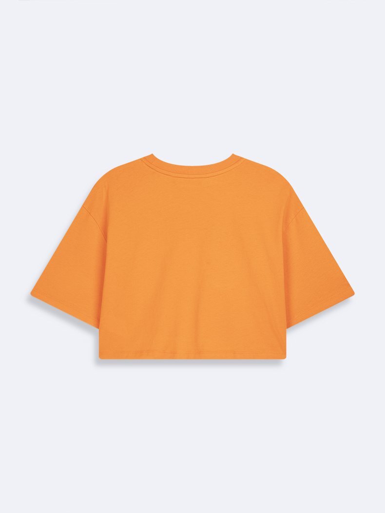 Baskılı Basıc Örme Kare Crop Sloganlı Turuncu T-shırt