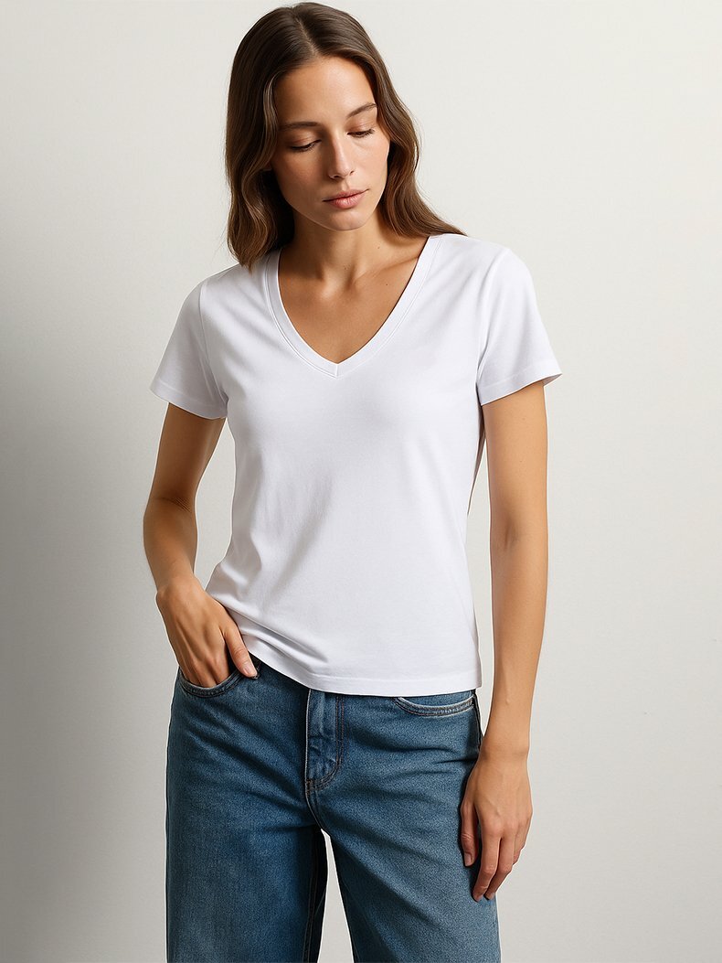 Short Sleeve Basic V-neck Slim White T-shirt