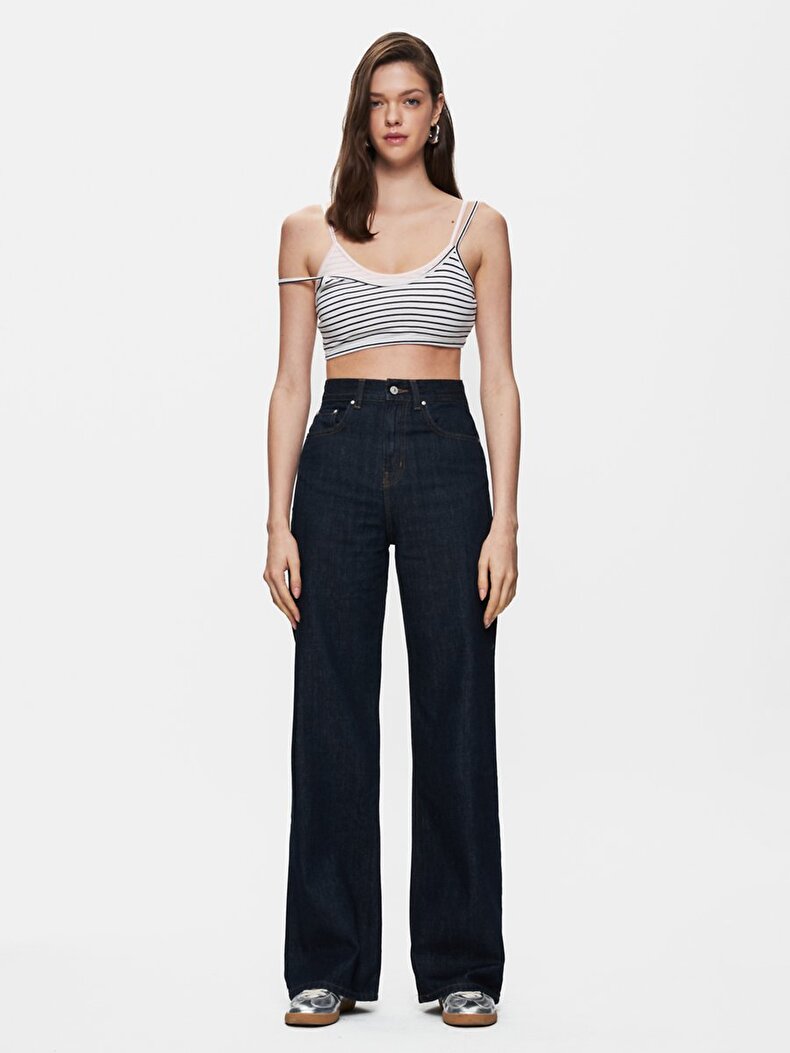 Çizgili Crop Askılı Mavi Atlet