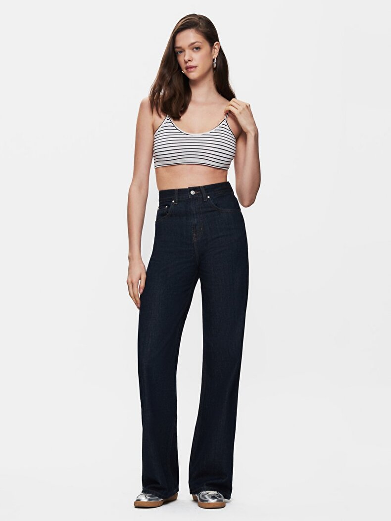 Çizgili Crop Askılı Mavi Atlet