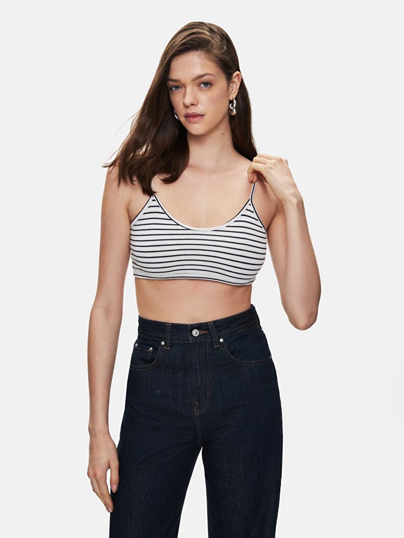 Çizgili Crop Askılı Mavi Atlet