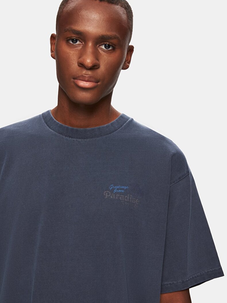 Short Sleeve Crew Neck Surface With Print Loose Navy T-shirt