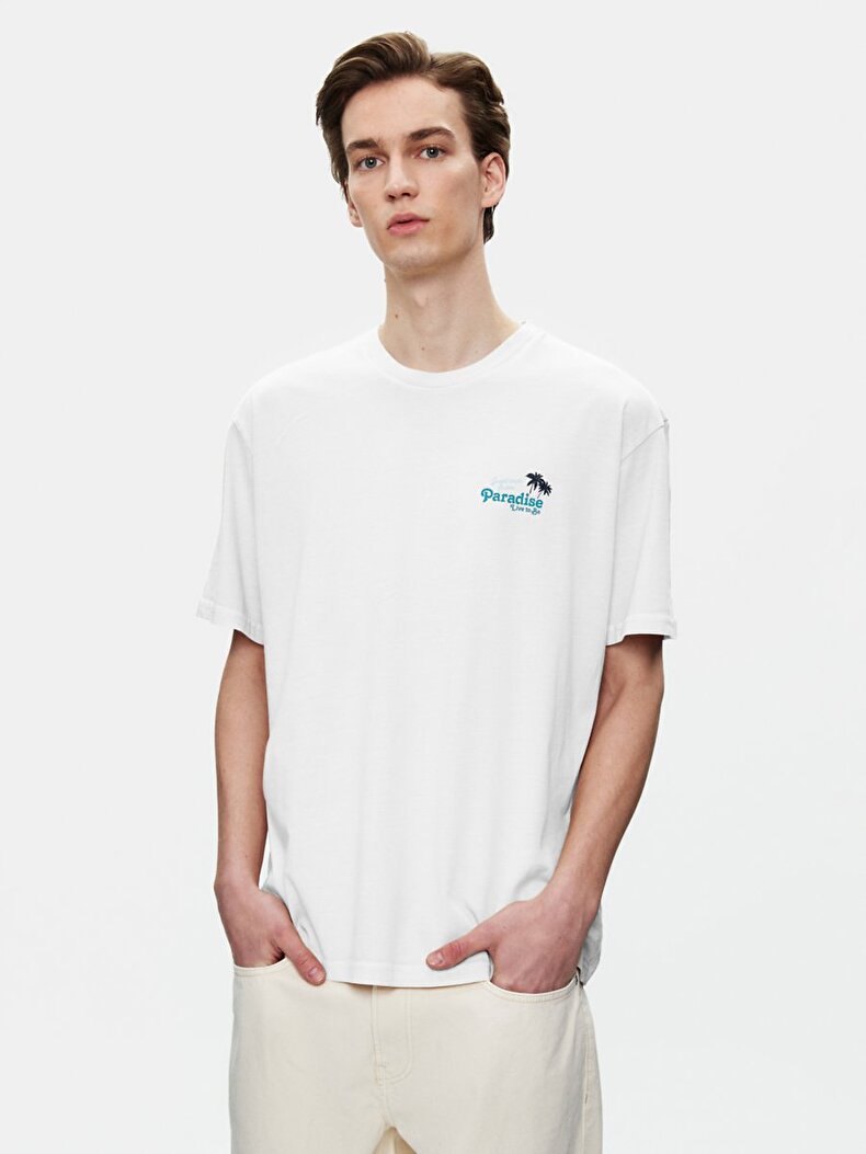Short Sleeve Crew Neck Surface With Print Loose White T-shirt
