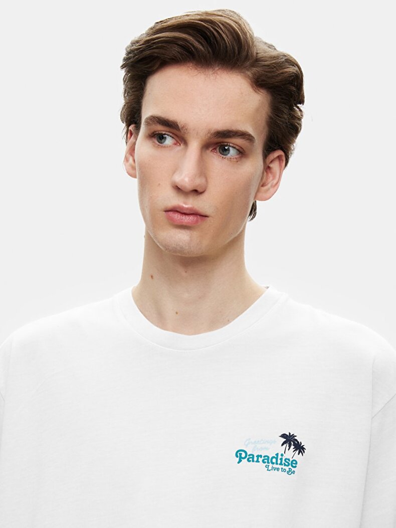 Short Sleeve Crew Neck Surface With Print Loose White T-shirt