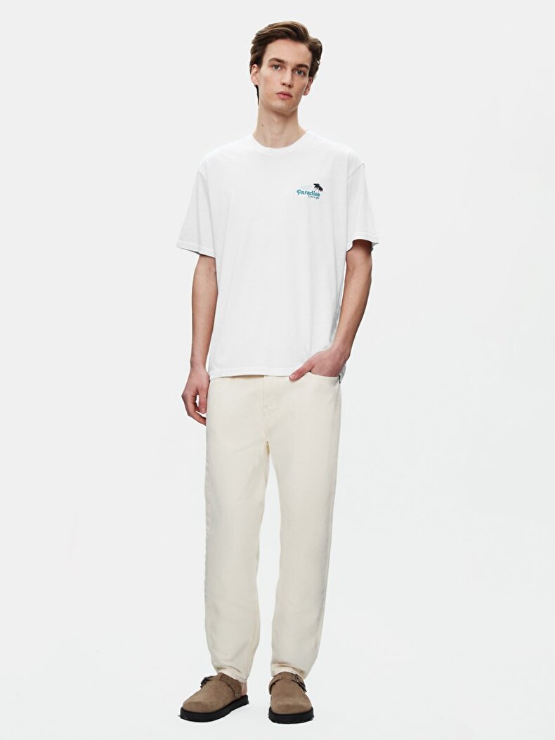 Short Sleeve Crew Neck Surface With Print Loose White T-shirt