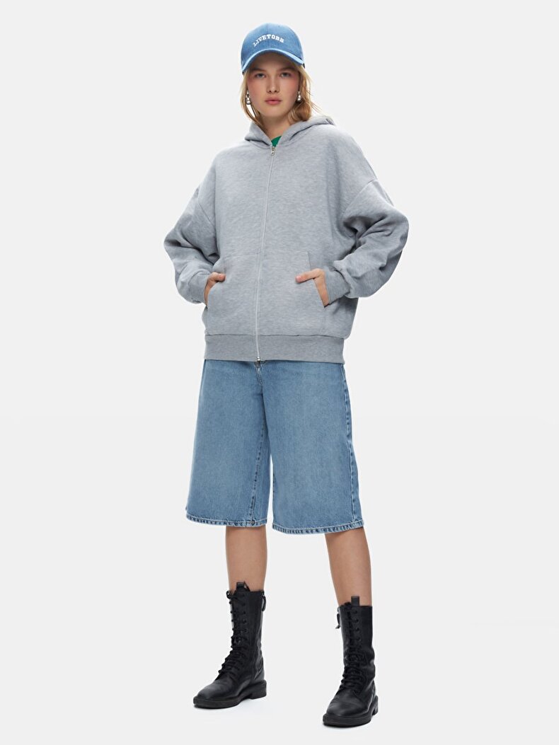 Gri Sweatshırt Fermuarlı Kapüşonlu