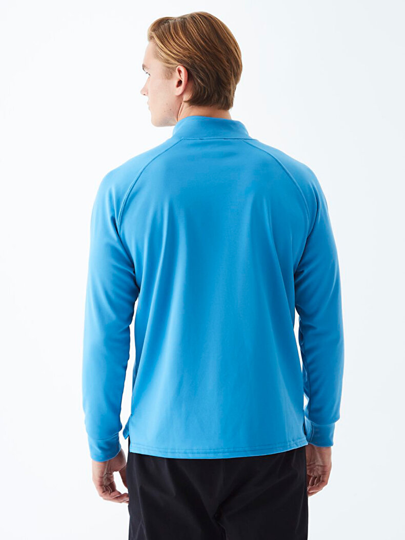 Textured Turtle Neck Zipper Closing Blue Sweatshirt