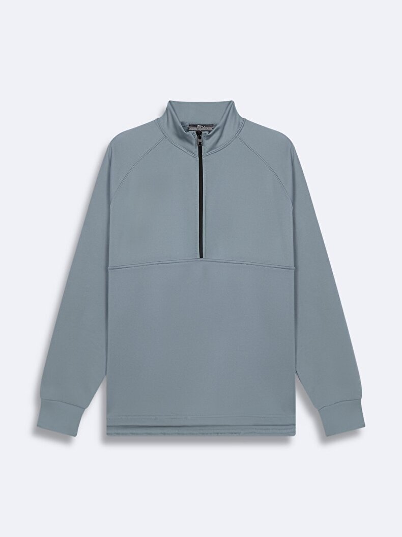 Dokulu Yarım Fermuarlı Gri Sweatshırt