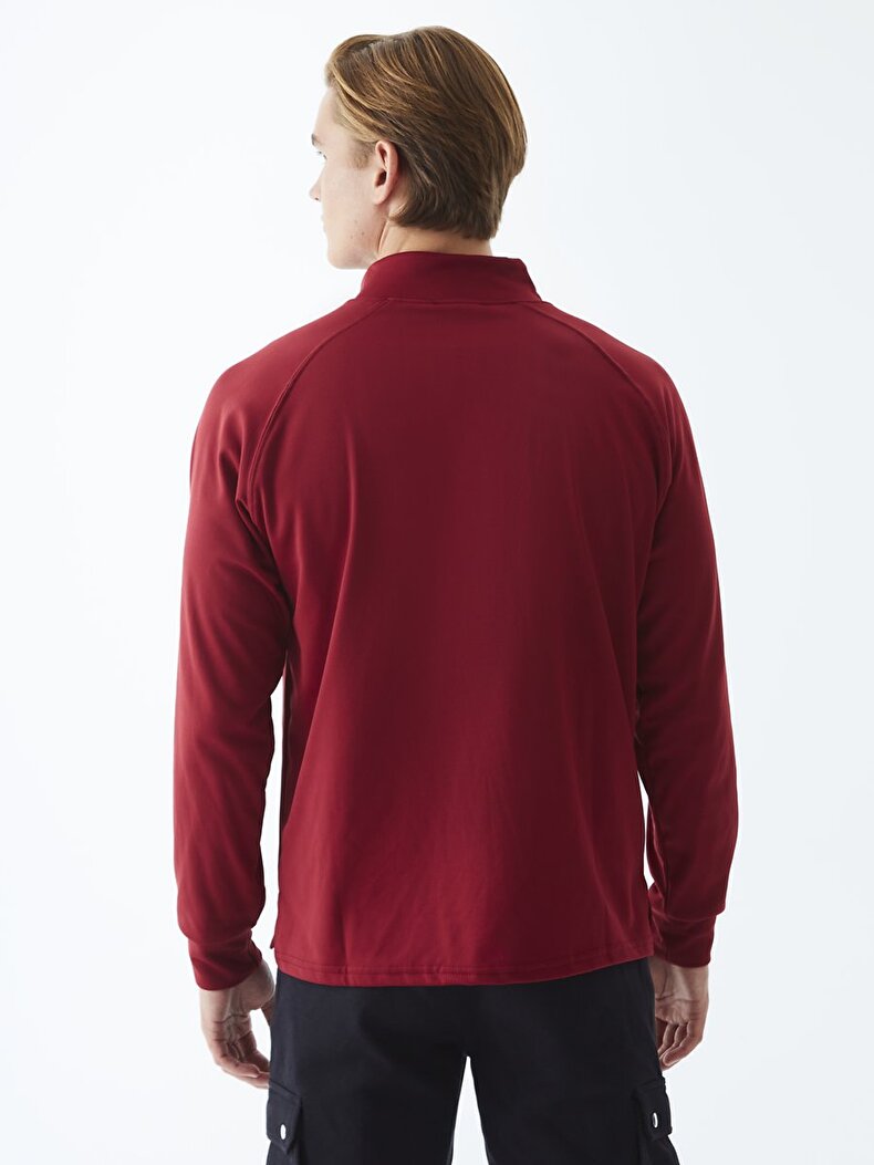 Textured Turtle Neck Zipper Closing Red Sweatshirt