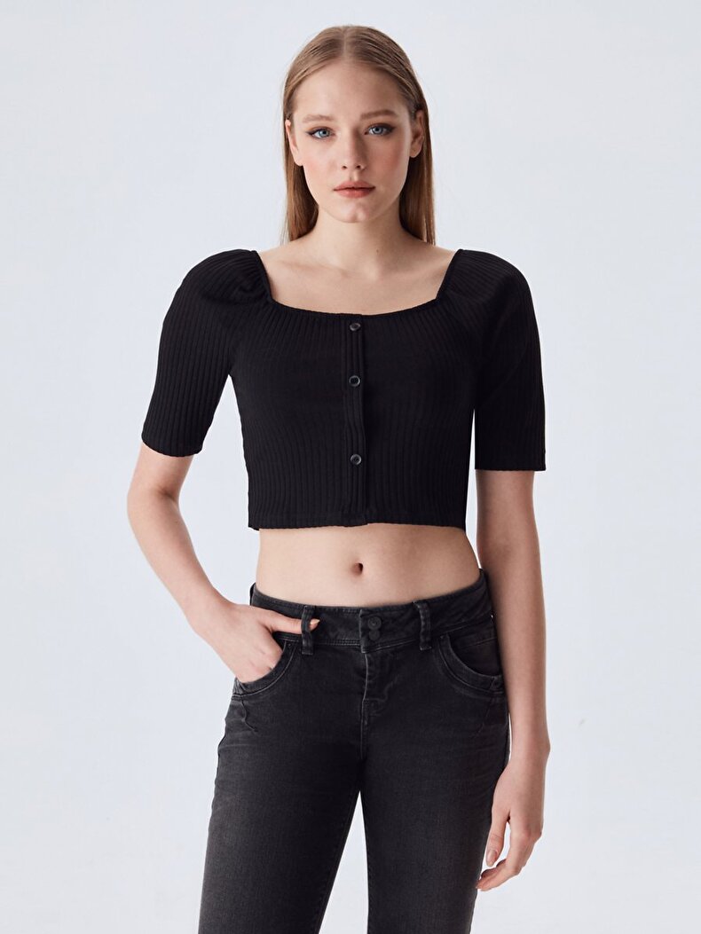 Buttoned Ribbed Ball Black T-shirt