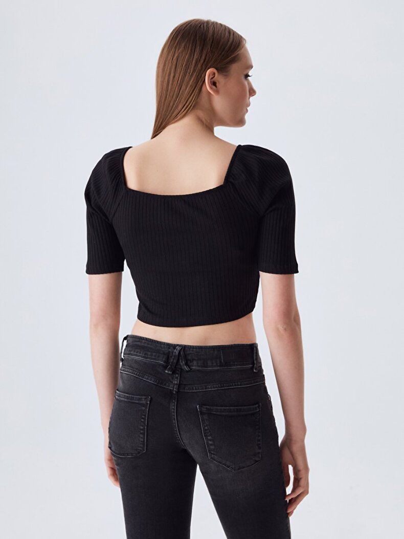 Buttoned Ribbed Ball Black T-shirt