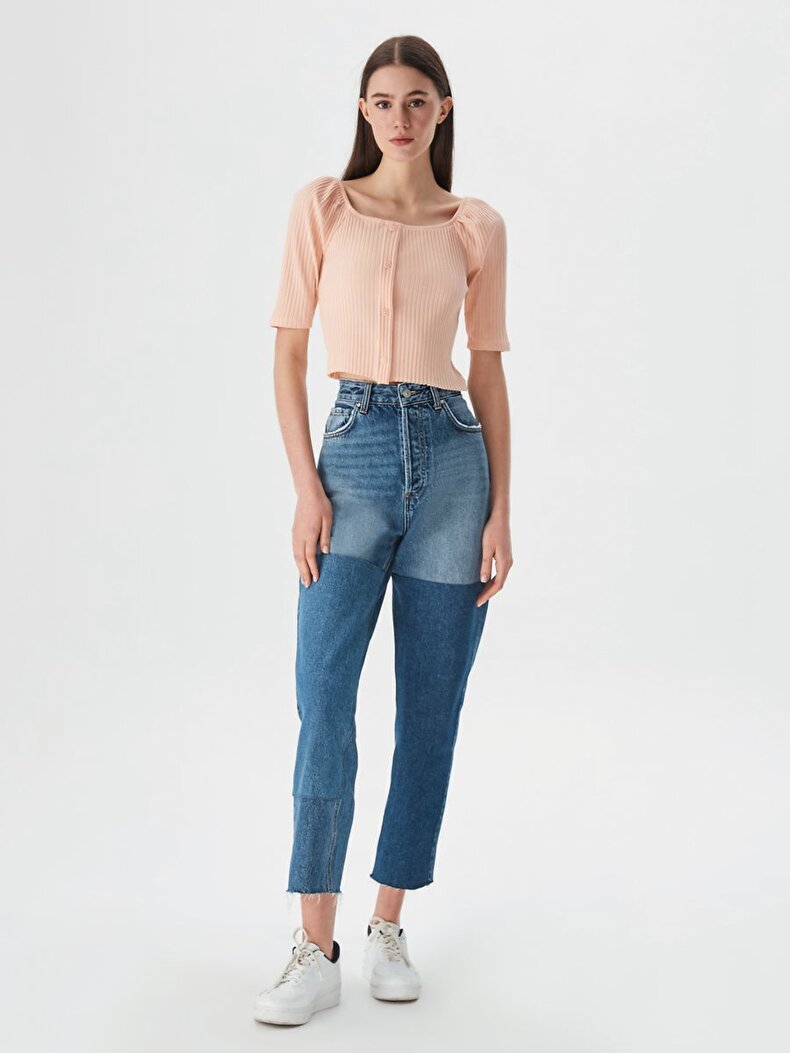 Buttoned Ribbed Ball Pink T-shirt