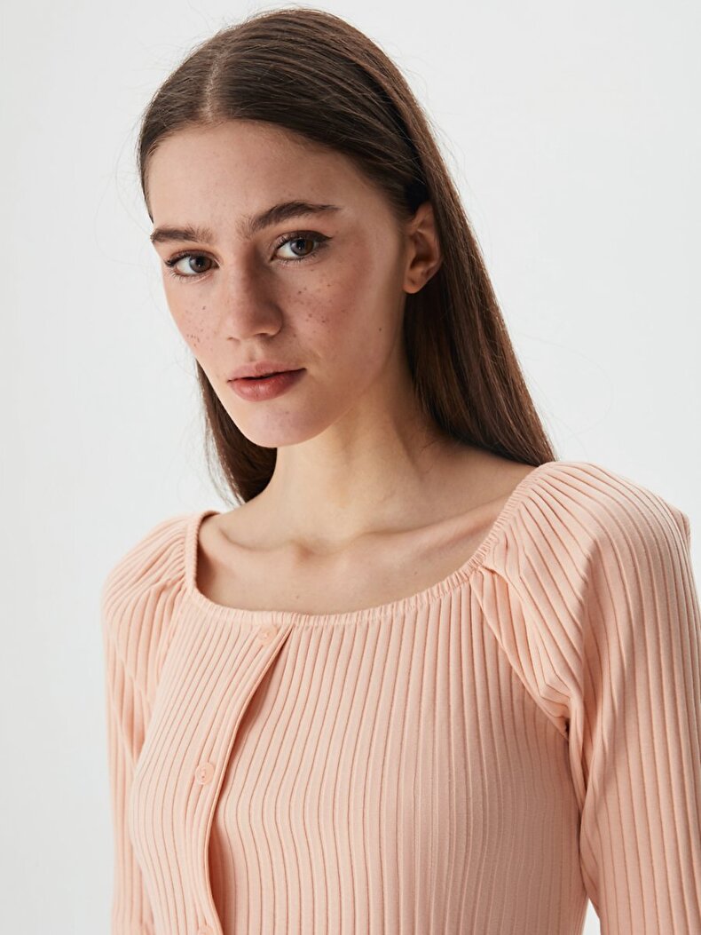 Buttoned Ribbed Ball Pink T-shirt