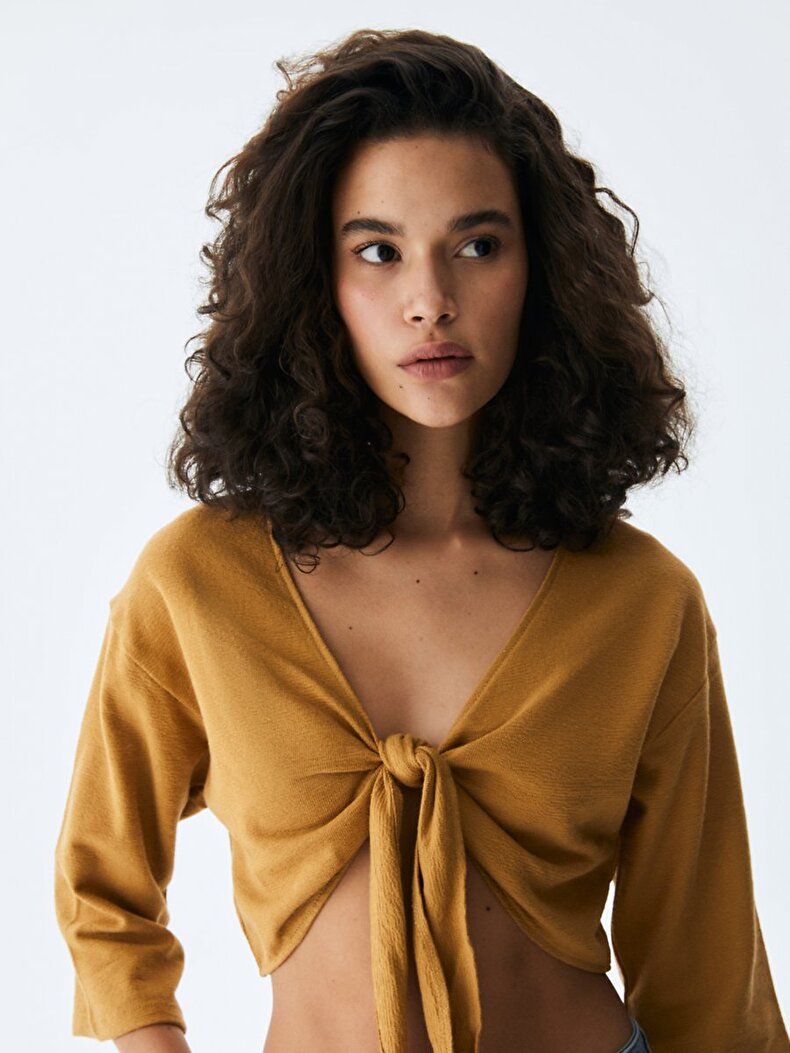 Front Cord Closure Cropped Ball Brown Sweatshirt
