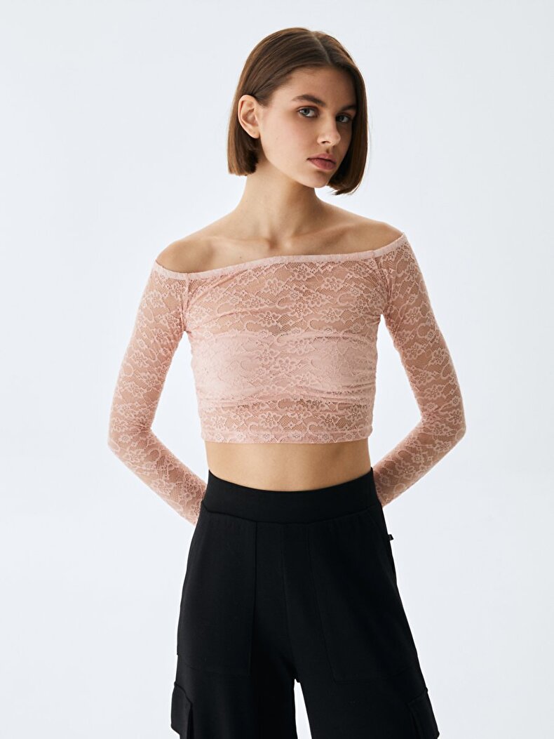 Lace Off-shoulder Cropped Ball Pink Sweatshirt