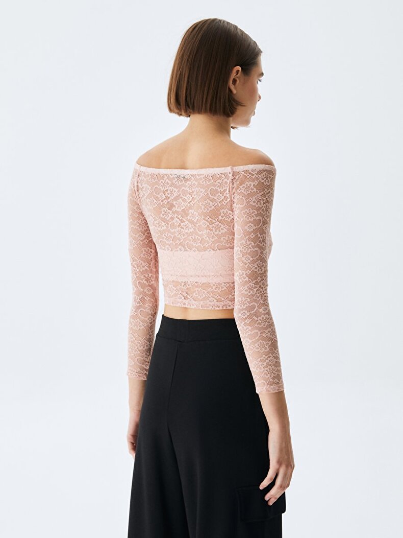 Lace Off-shoulder Cropped Ball Pink Sweatshirt