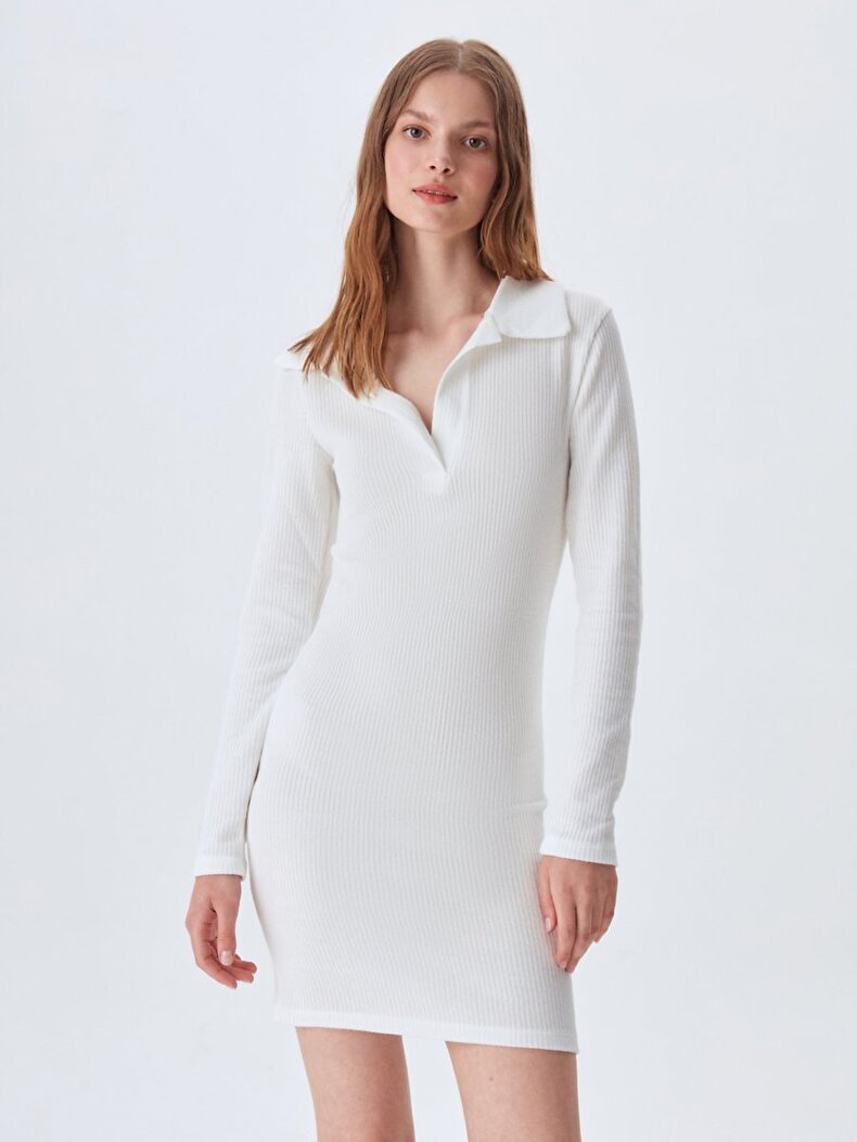 Fitilli Uzun Kollu Beyaz Elbise