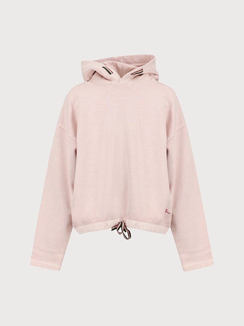 Uzun Kollu Kapüşonlu Beli Lastikli Pembe Sweatshırt