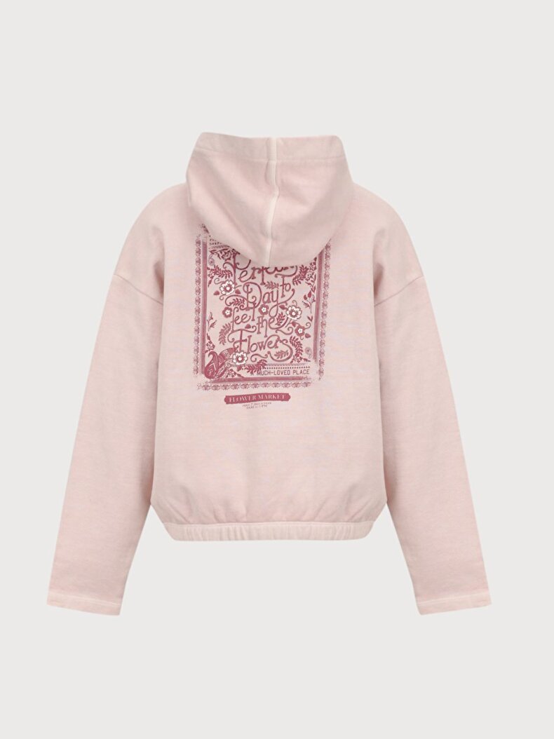Uzun Kollu Kapüşonlu Beli Lastikli Pembe Sweatshırt