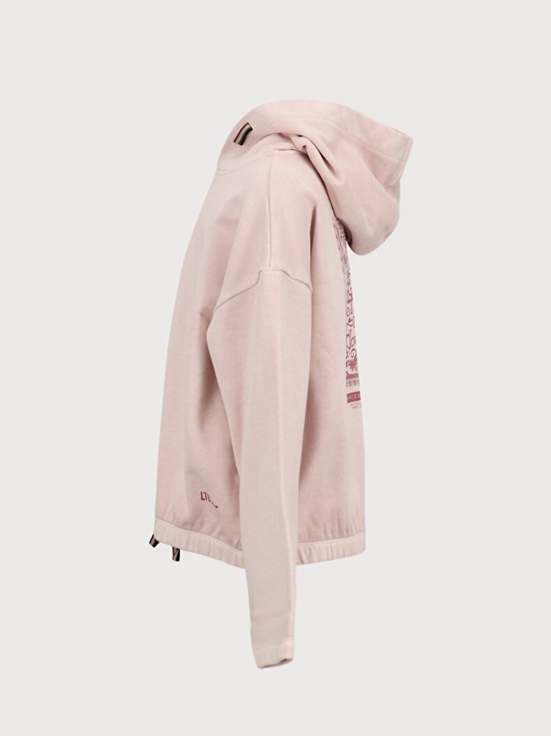 Uzun Kollu Kapüşonlu Beli Lastikli Pembe Sweatshırt