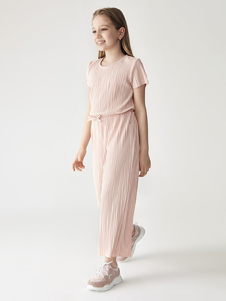 Short Sleeve Round Collar Pink Overall