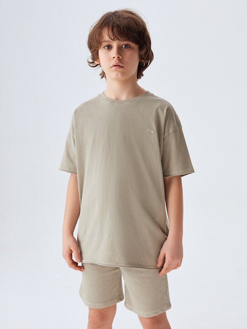 Short Sleeve Round Collar Beige T-shirt